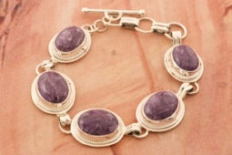 5 Genuine Charoite Stones Sterling Silver Link Bracelet